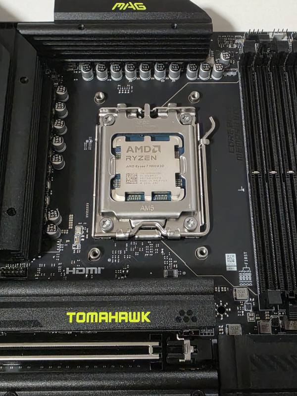 Ryzen 7 9800X3D installed into MSI X870 Tomahawk motherboard