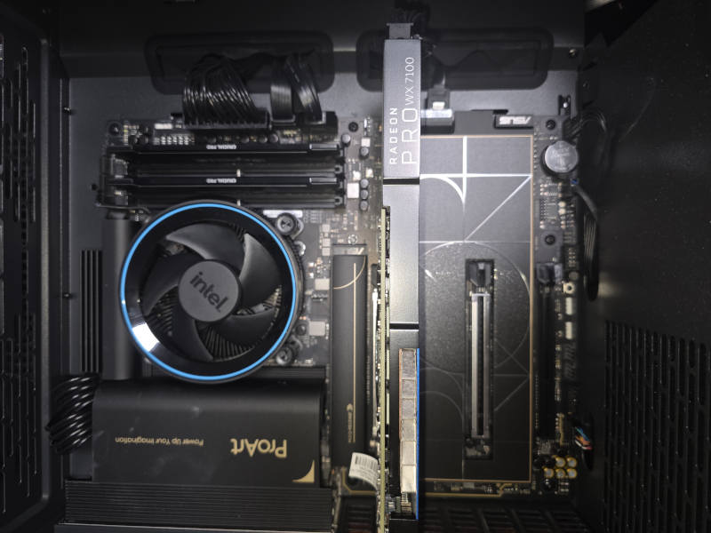 High-end workstation with ASUS ProArt motherboard, Radeon Pro WX 7100 graphics card, and Intel reference cooler