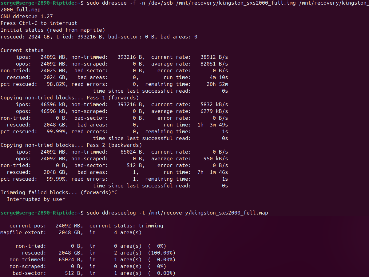 GNU ddrescue final recovery result for Kingston XS2000 2TB showing 2048 GB rescued and one 512-byte bad sector