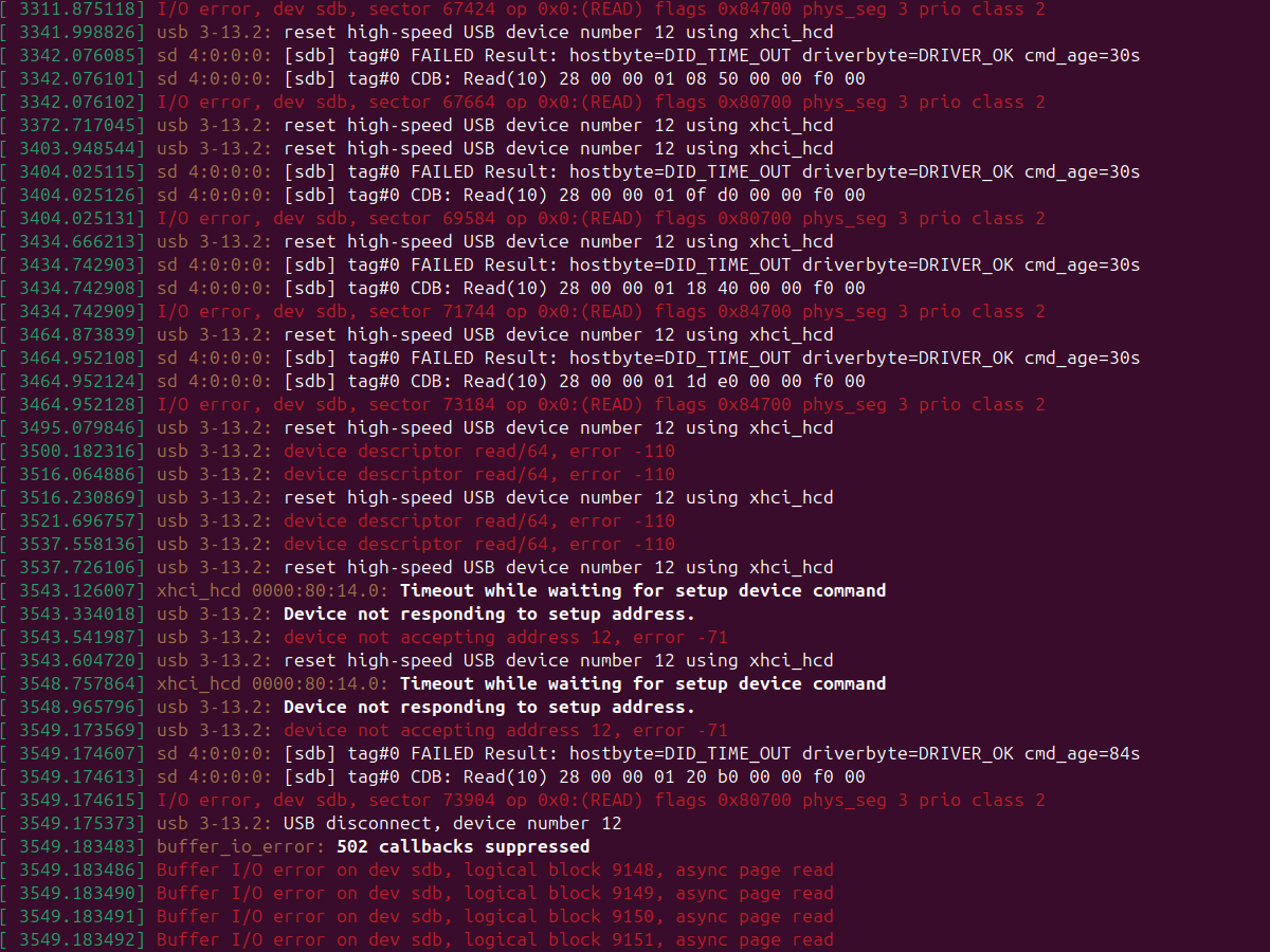Linux kernel log showing I/O errors, USB timeouts, resets, and disconnects from a failing Kingston XS2000 SSD