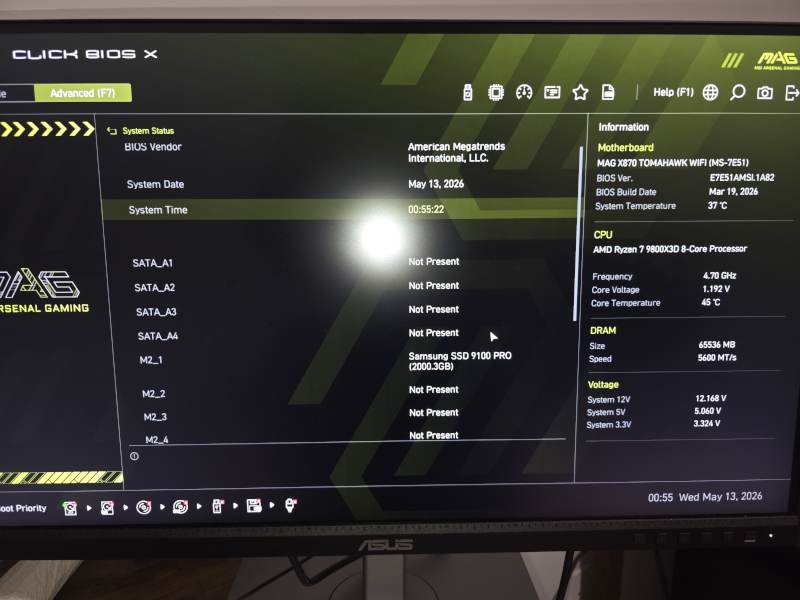MSI MAG X870 Tomahawk BIOS showing Samsung 9100 Pro NVMe SSD and available M.2 slots