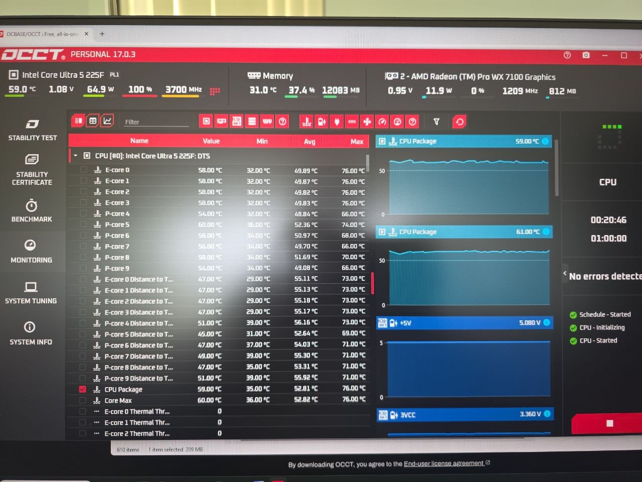 OCCT stability test showing normal CPU temperatures after workstation cooling and software repair