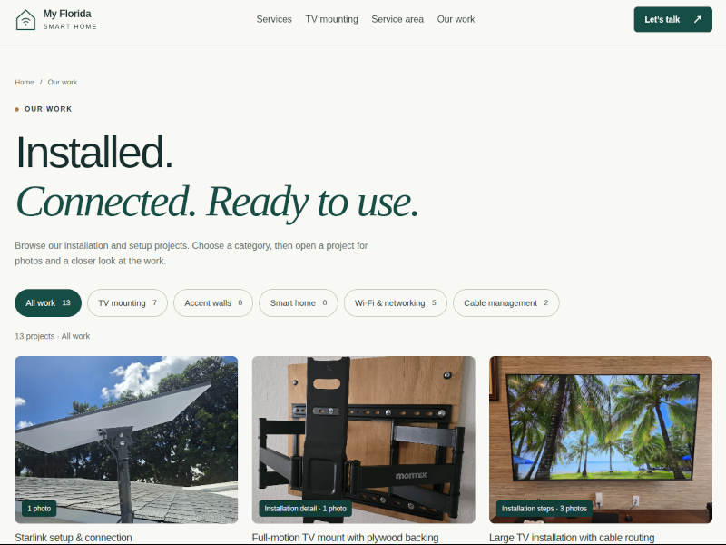 My Florida Smart Home project portfolio with category filters and real installation examples
