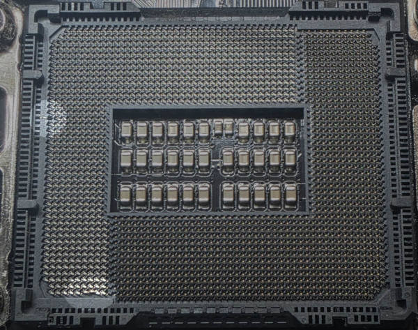Bent LGA1700 socket pins highlighted before repair