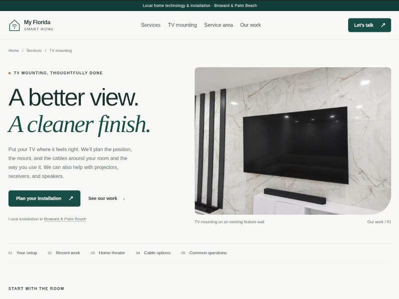 Custom TV mounting service landing page for My Florida Smart Home
