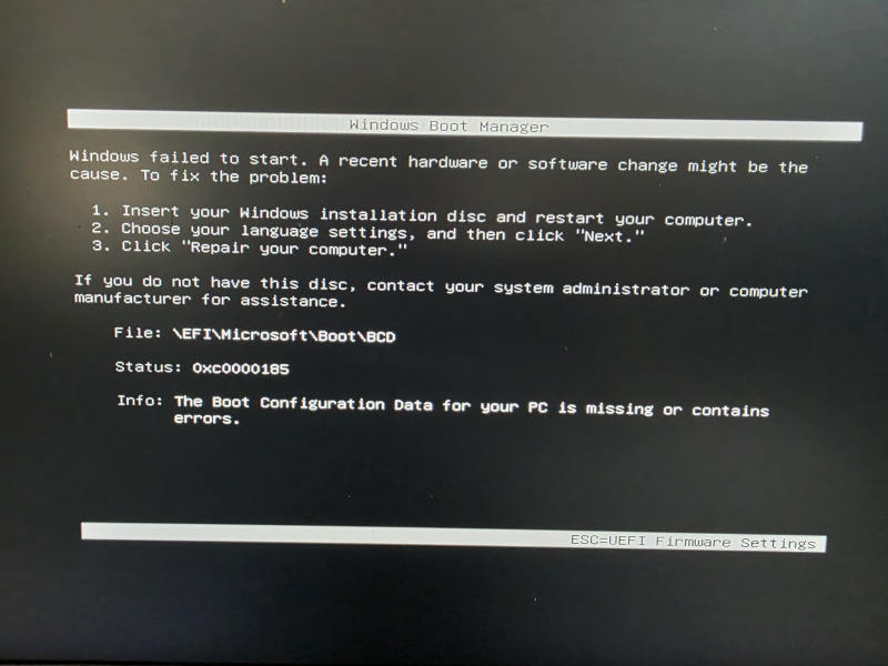 Windows Boot Manager error 0xc0000185 reporting missing or damaged Boot Configuration Data