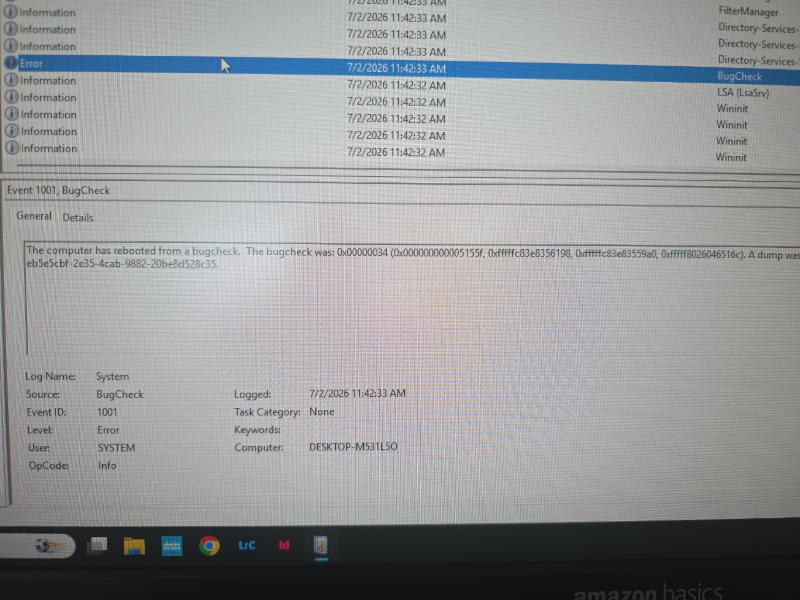 Windows Event Viewer showing BugCheck error after random workstation reboot