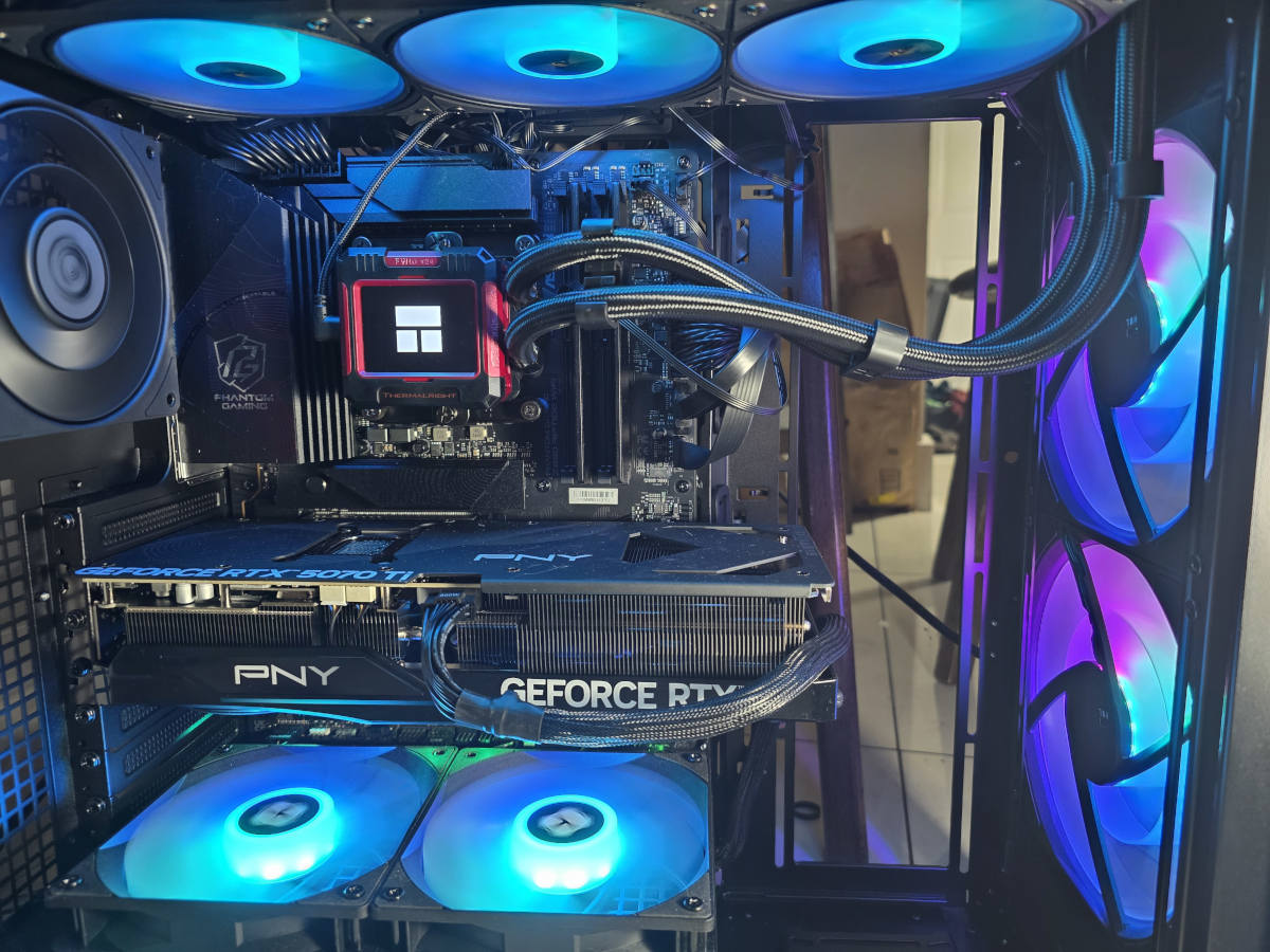 Custom PNY GeForce RTX 5070 Ti gaming PC with RGB fans and liquid cooling