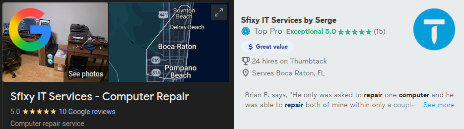 Google and Thumbtack reviews for Sfixy IT Services in Boca Raton