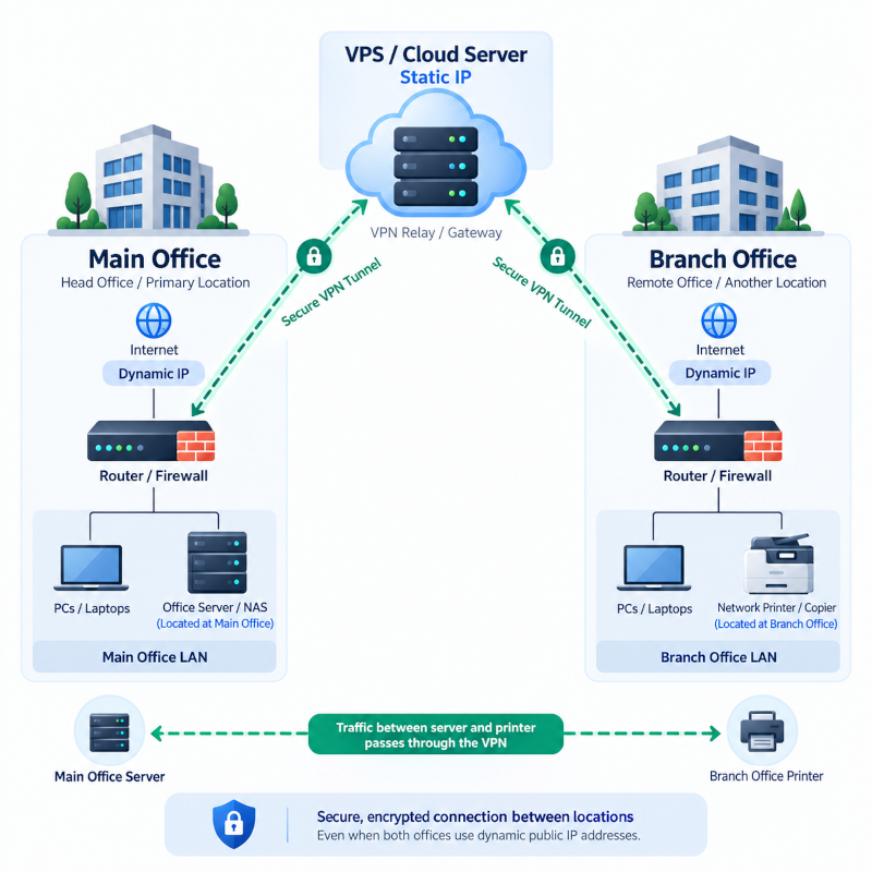 Network equipment configured for secure connection between two small business locations